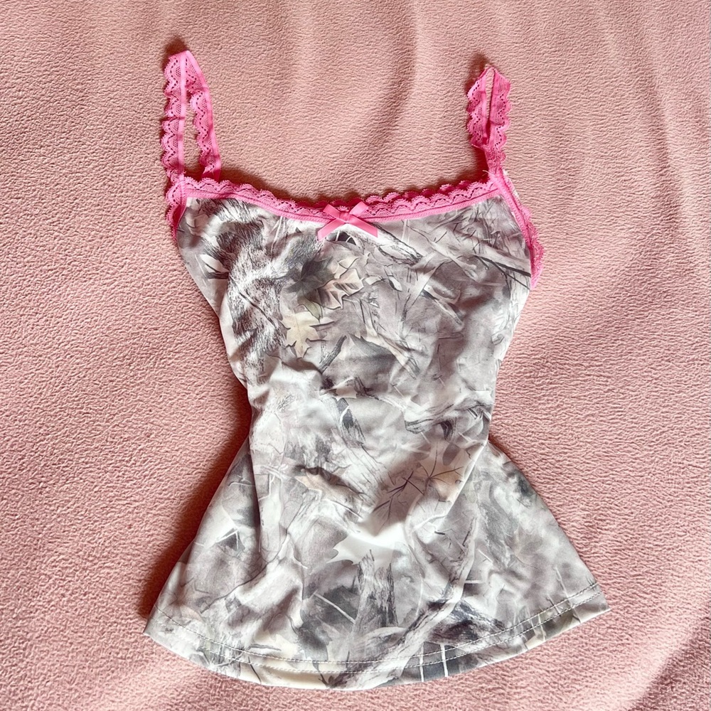 y2k pink lace trim camo cami